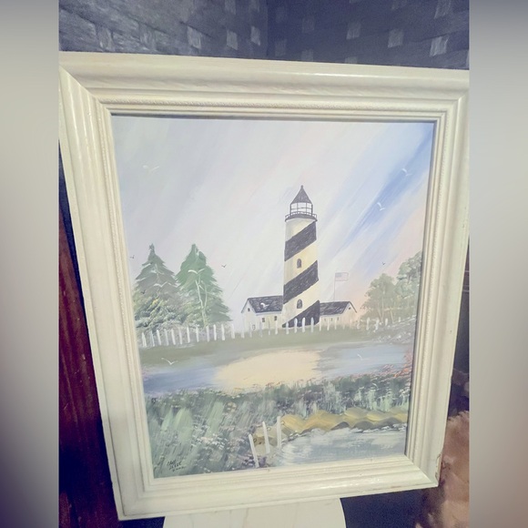 VTG FRAMED ORIGINAL OIL LIGHTHOUSE AND FOAMY WAVES SEASCAPE Carl Leese 2002